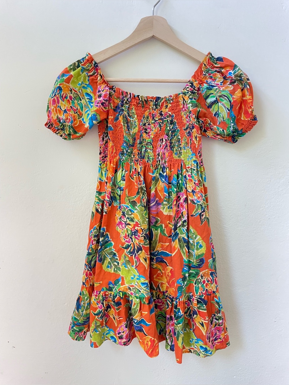 Polo Ralph Lauren Girls Tropical Floral Smocked Puff Sleeve Dress Size 8